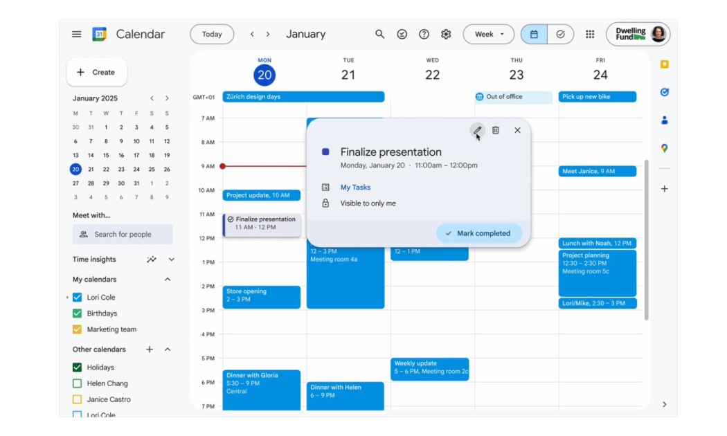 Google Calendar with Tasks integration screenshot