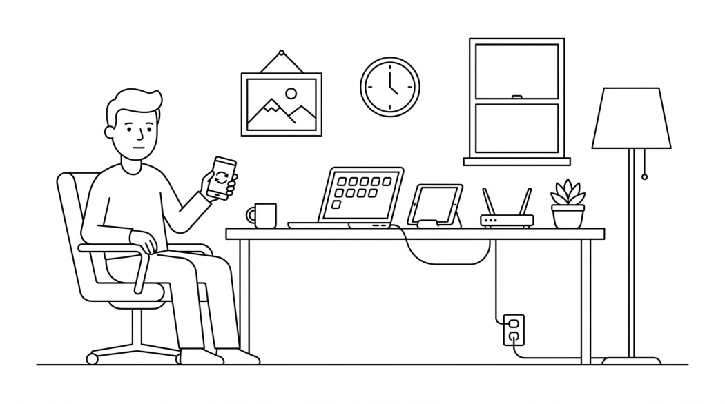 Black-and-white line illustration: a minimal Notion-style scene representing how to fix google play store when it will not update apps.