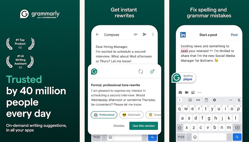 Grammarly Keyboard screenshots on Android