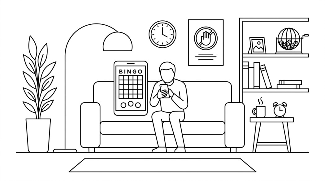 Black-and-white line illustration: a minimal Notion-style scene representing mobile bingo: why it keeps growing, and how to play responsibly.