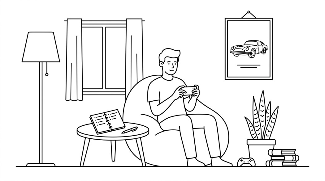 Black-and-white line illustration: a minimal Notion-style scene representing how to cheat in gta san andreas on android (quick guide).
