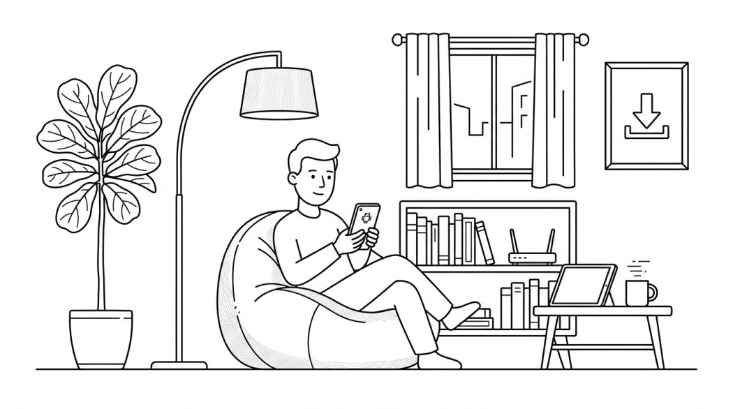 Black-and-white line illustration: a minimal Notion-style scene representing how to watch youtube offline on android: the legitimate options.