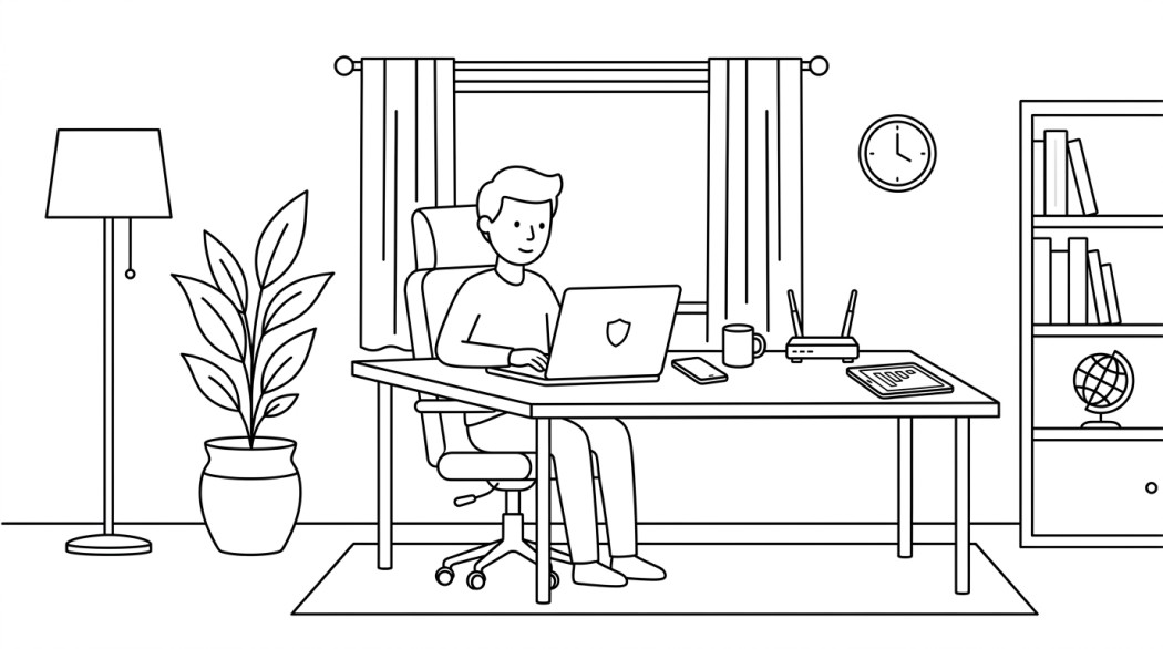 Black-and-white line illustration: a minimal Notion-style scene representing how to test your own wi-fi security: the white-hat tools for your own network.