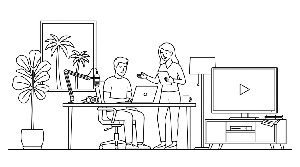 Black-and-white line illustration of a podcast moving between two phone apps on Android.