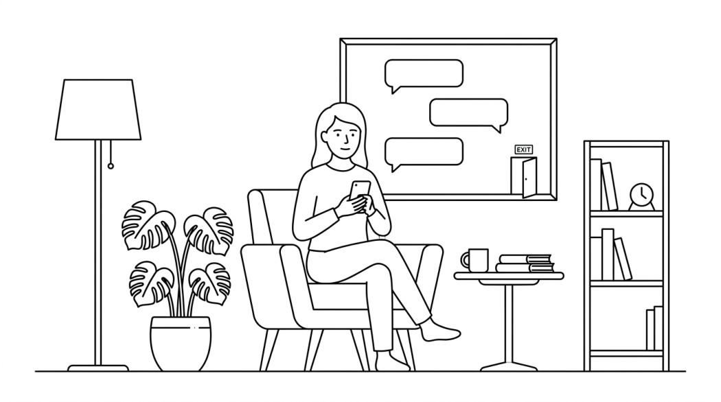 Black-and-white line illustration: a minimal Notion-style scene representing how to delete a whatsapp group, or leave quietly.