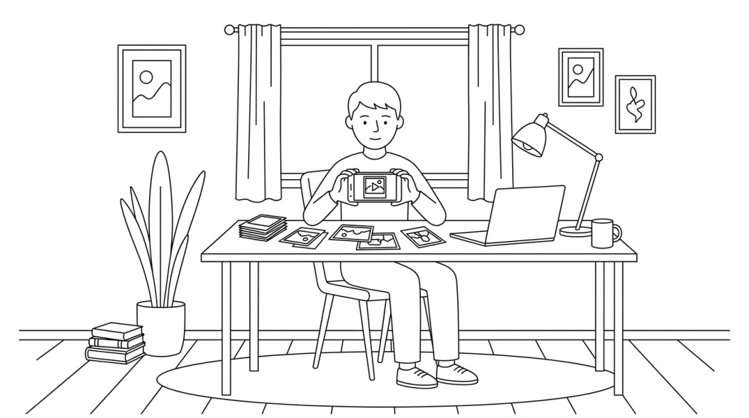 Black-and-white line illustration: a minimal Notion-style scene representing how to animate old photos on android (best tools).