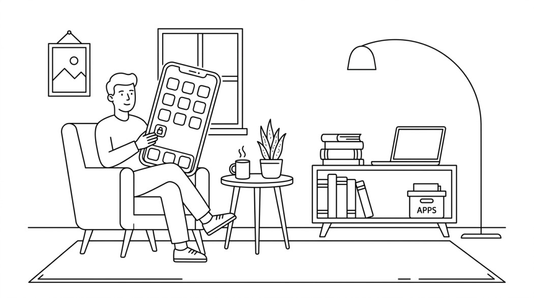 Black-and-white line illustration: a minimal Notion-style scene representing hide apps on android: built-in tools that actually work.