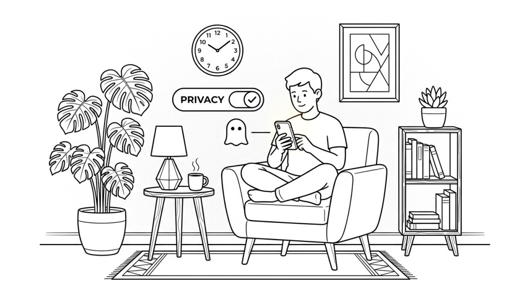 Black-and-white line illustration: a minimal Notion-style scene representing how to hide your instagram active status (and read receipts).