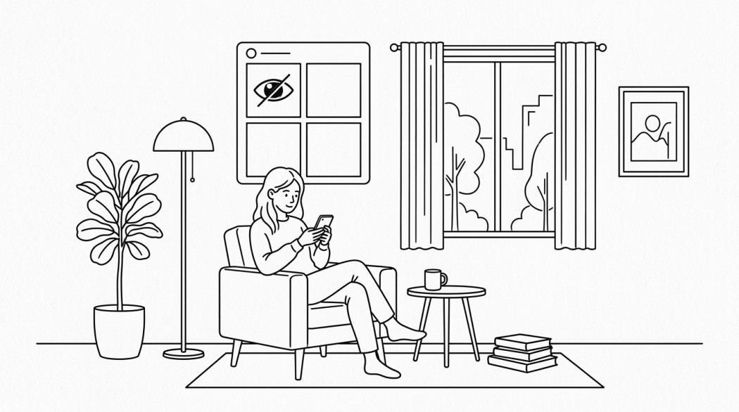 Black-and-white line illustration: a minimal Notion-style scene representing how to hide instagram stories and posts from specific people.