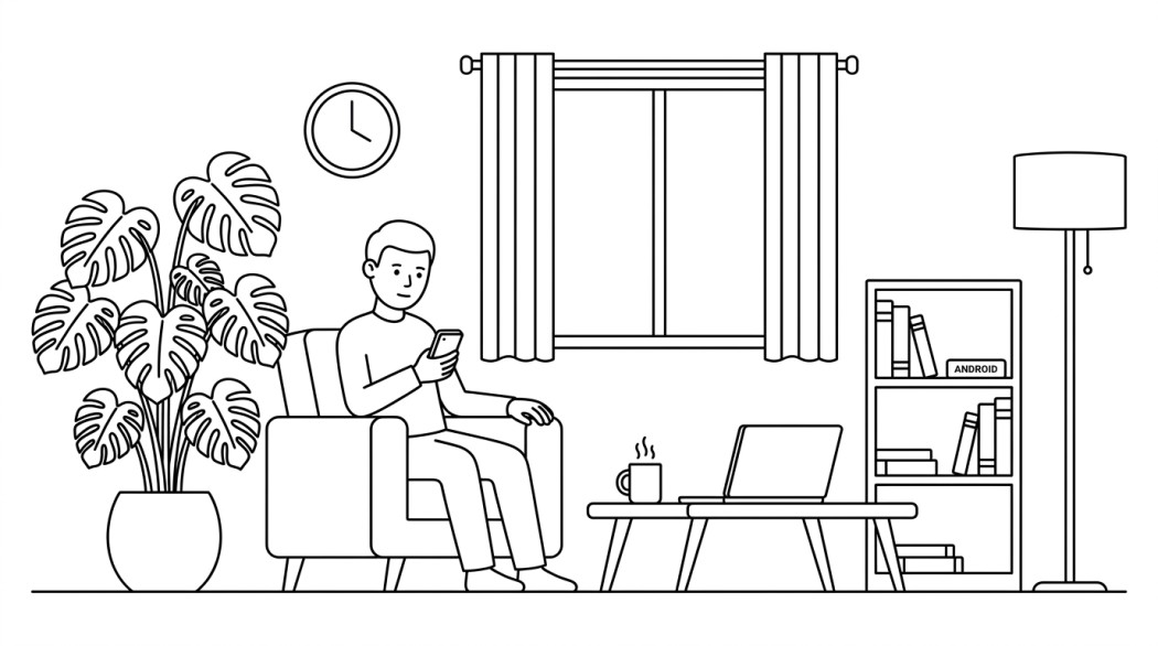 Black-and-white line illustration: a minimal Notion-style scene representing how to hide your whatsapp last seen, online status, and read receipts on android.