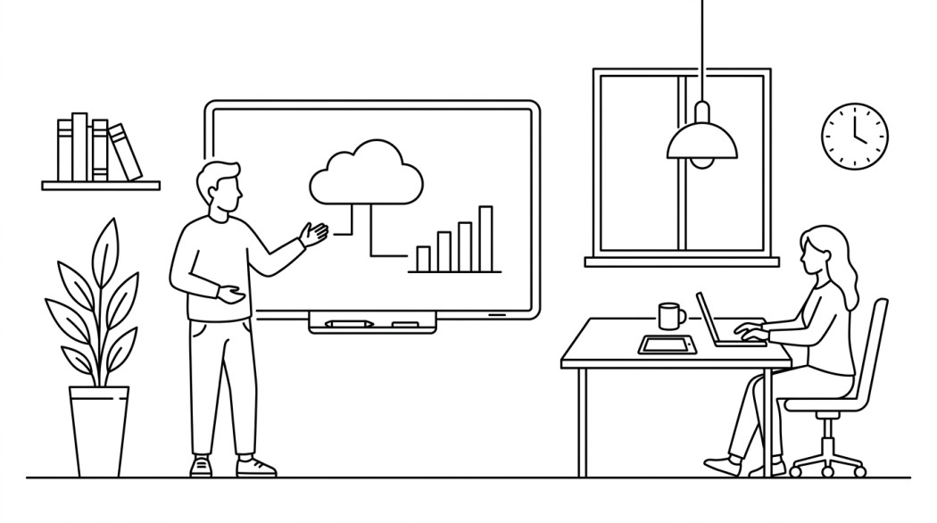 Black-and-white line illustration: a minimal Notion-style scene representing from chalk to cloud: how hkmlc smart boards are transforming learning and productivity.