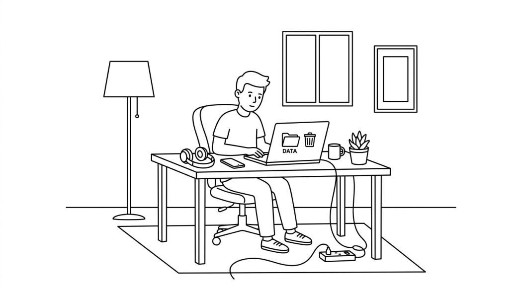 Black-and-white line illustration: a minimal Notion-style scene representing how to delete a spotify account (plus data export).