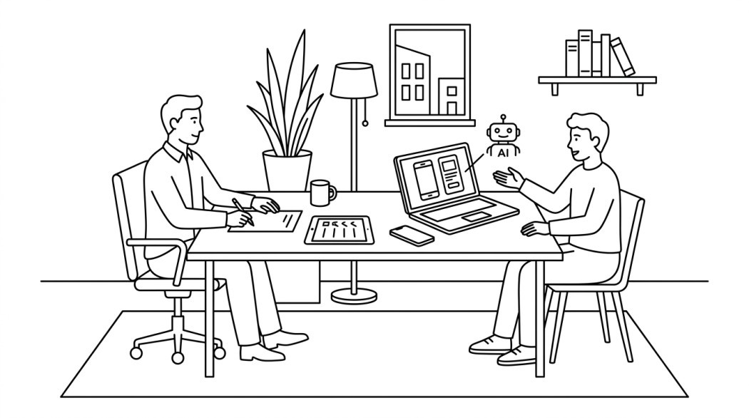 Black-and-white line illustration: a minimal Notion-style scene representing how to hire app developers (vetting, pricing, contracts, and the ai-coding realities).