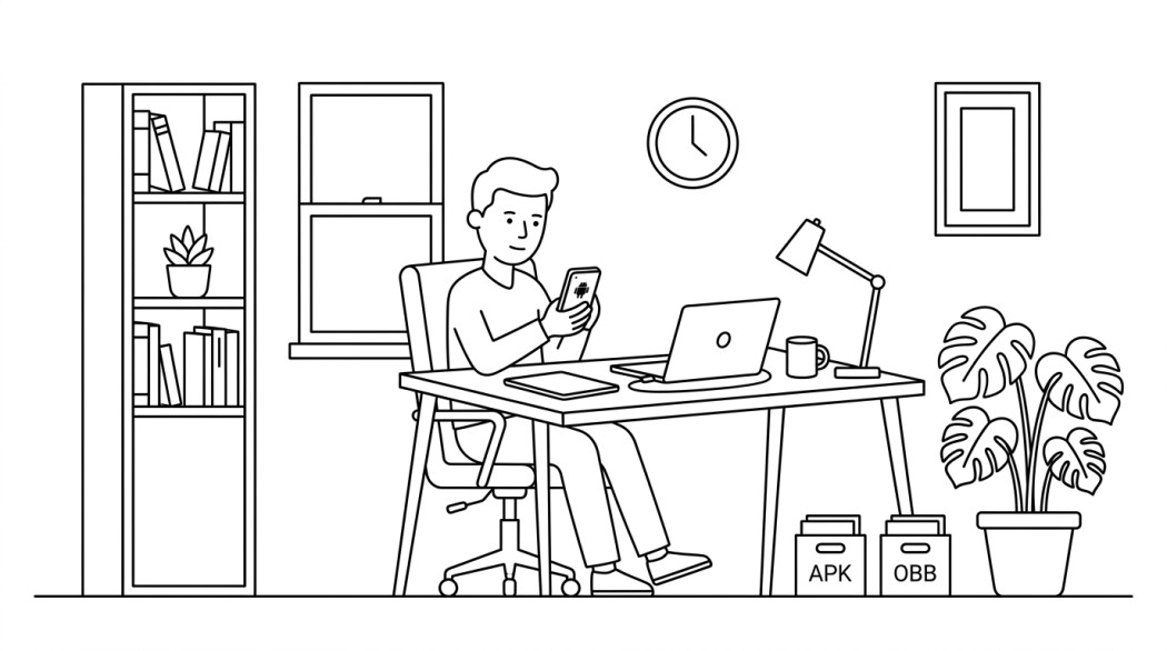 Black-and-white line illustration: a minimal Notion-style scene representing how to install apk, xapk, split apk, and obb files on android.