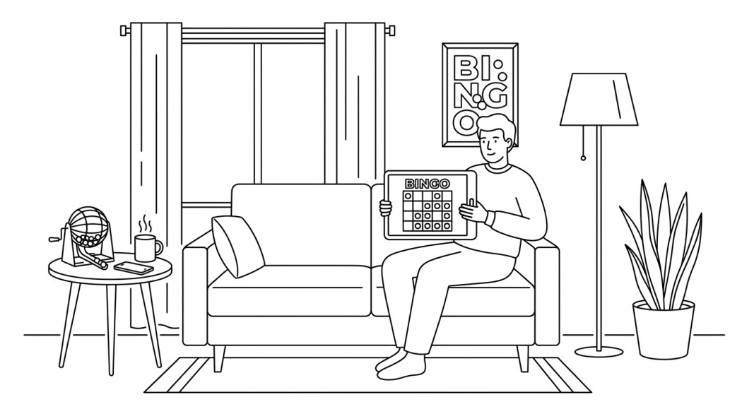 Black-and-white line illustration: a minimal Notion-style scene representing how to play bingo on android: a practical guide.