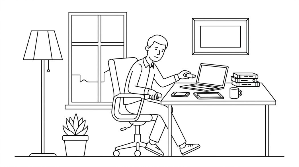 Black-and-white line illustration: a minimal Notion-style scene representing how to recover deleted files from a usb flash drive (windows, mac, android).