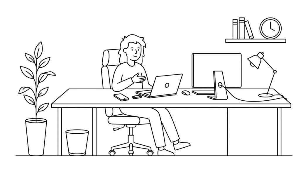 Line drawing of a person at a desk holding a phone next to a laptop and a monitor