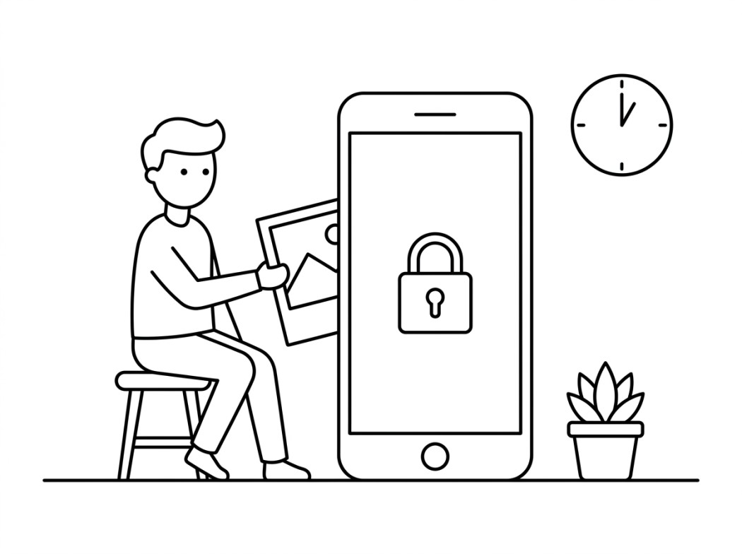 Black and white line illustration representing why hiding photos is worth the five minutes.