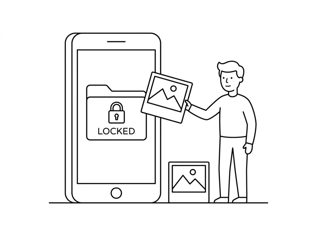 Black and white line illustration representing google photos locked folder.