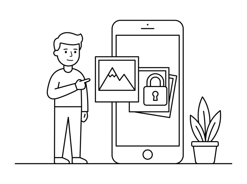 Black and white line illustration representing sharing a hidden photo without exposing the rest.