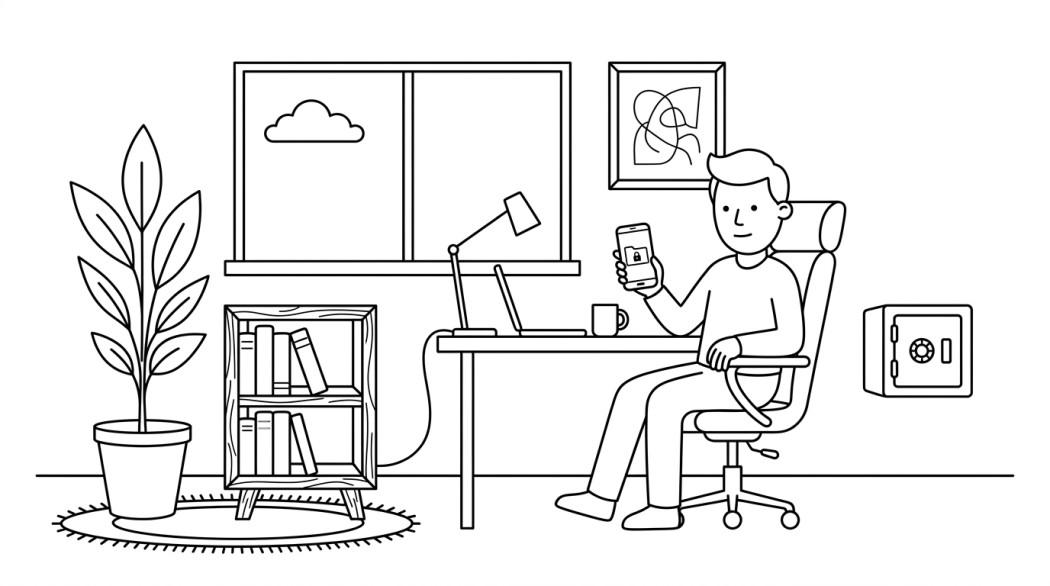 Black and white line illustration: a phone gallery with one private compartment locked away from the rest.