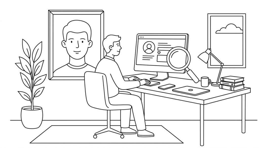 Black-and-white line illustration: a minimal Notion-style scene representing how to view an instagram profile picture in full size.