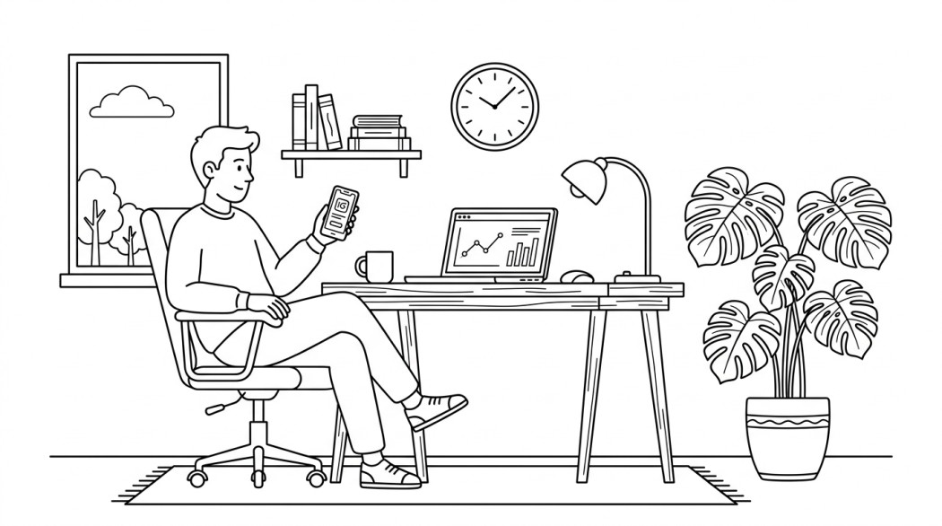 Black-and-white line illustration: a minimal Notion-style scene representing can you see who viewed your instagram profile? (no, and here’s what actually works).