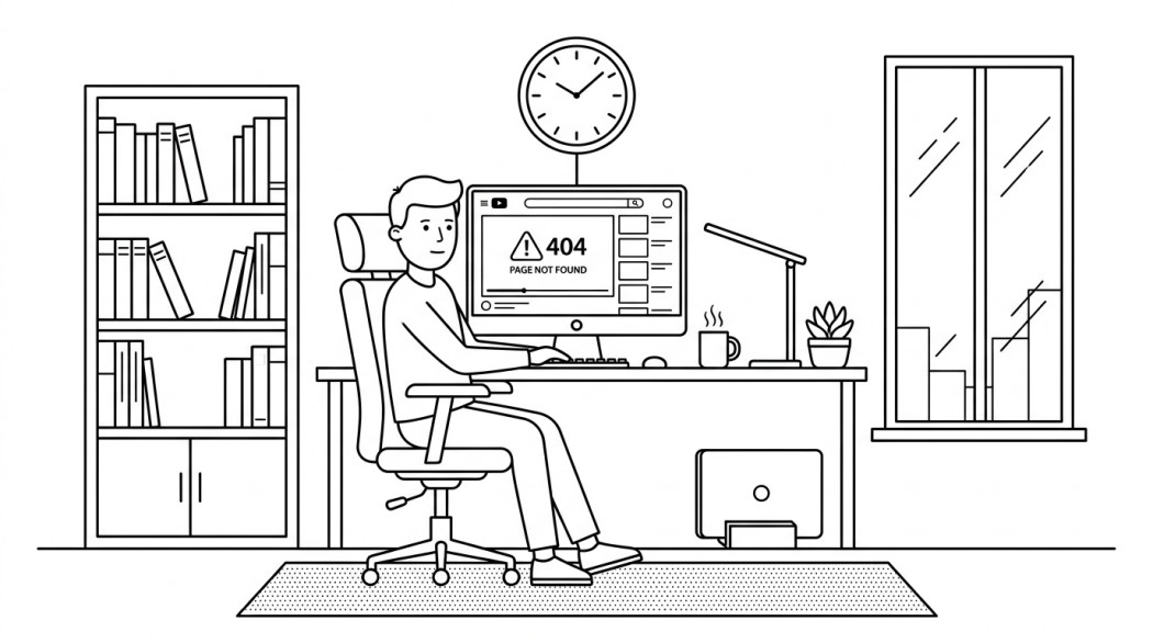 Black-and-white line illustration: a minimal Notion-style scene representing how to find deleted or private youtube videos legitimately.