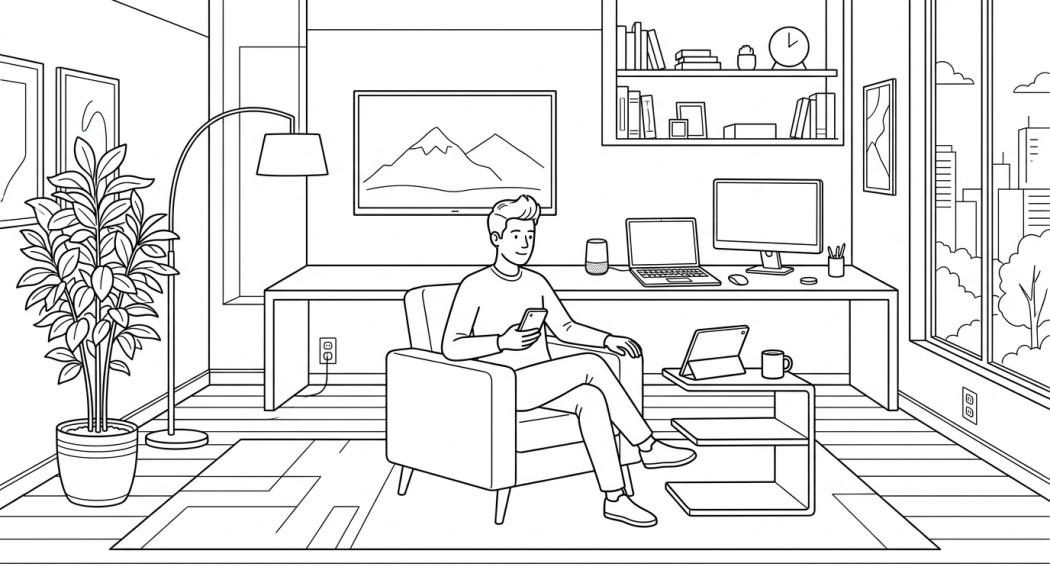 Black-and-white line illustration: a minimal Notion-style scene representing where harmonyos (hongmeng) stands.