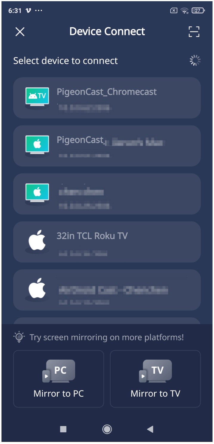 device list inside PigeonCast app on Android