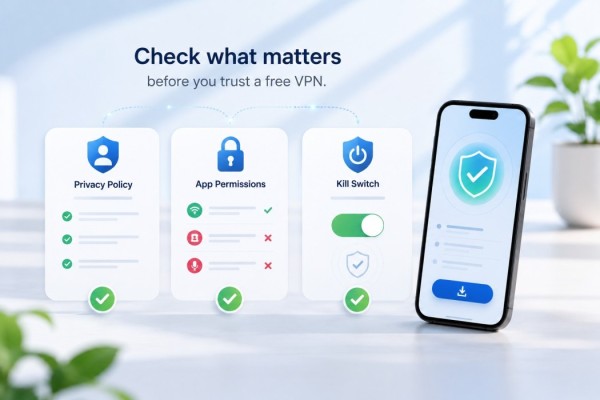 Illustrated checklist of privacy policy, app permissions and kill switch beside a phone showing a shield