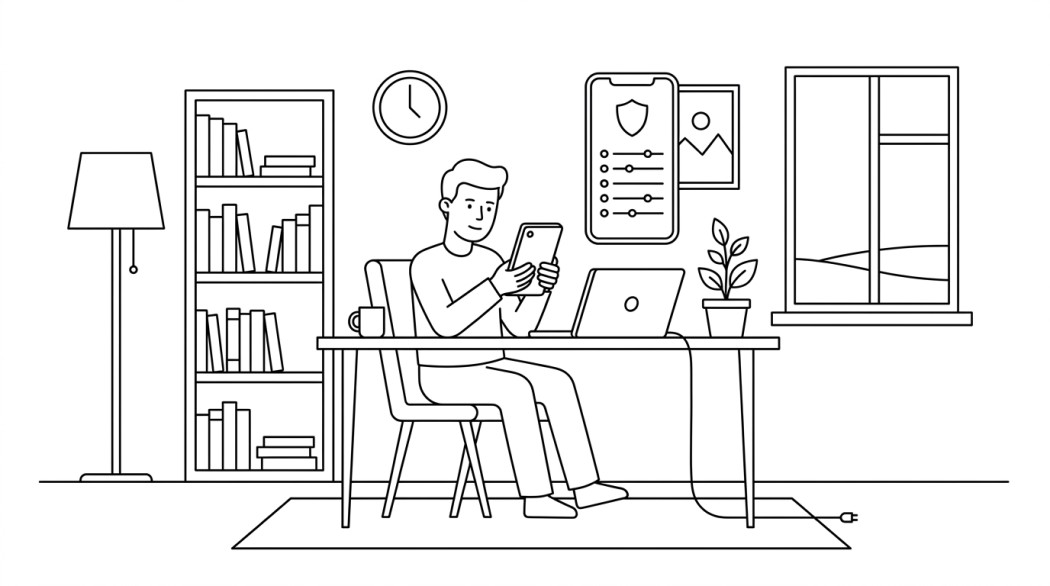 Black-and-white line illustration: a minimal Notion-style scene representing android security: the 6 settings that actually matter (and 1 most users miss).