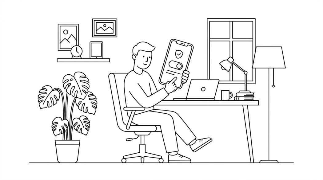 Line illustration of a person reviewing Android security settings on a phone at a desk