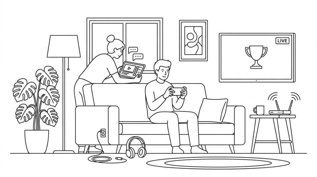Line art of a living room where two people play games on different devices