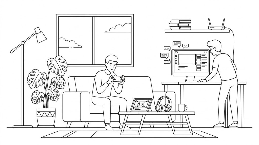 Black-and-white line illustration: a minimal Notion-style scene representing how mobile apps reshape online gaming (esports, streaming, communities).
