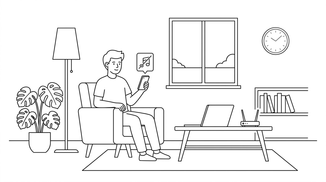 Black-and-white line illustration: a minimal Notion-style scene representing instagram music not available in your region: how to fix it (legitimate ways only).