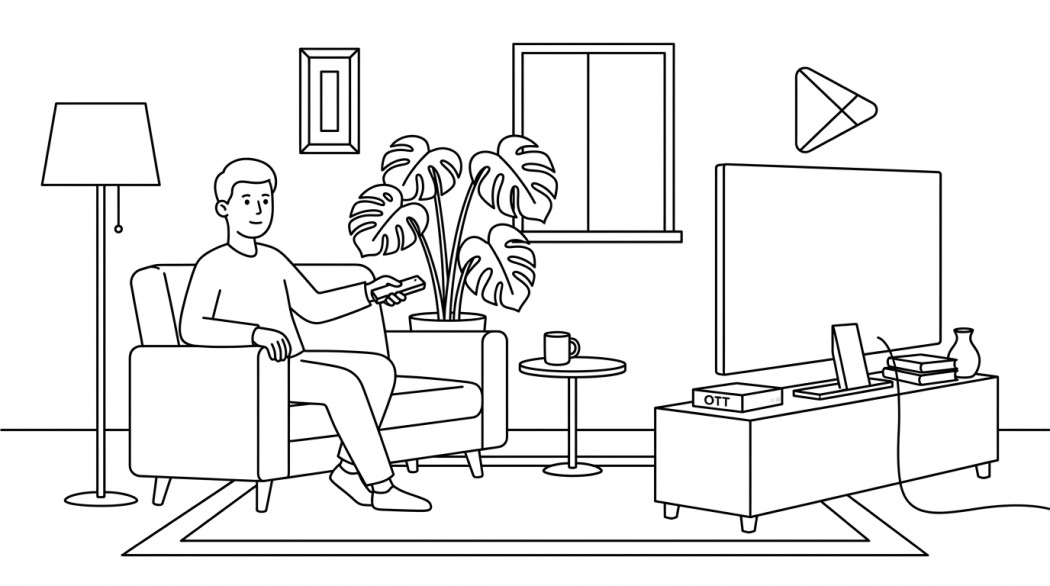 Black-and-white line illustration: a minimal Notion-style scene representing how to get google play store apps on a smart tv.