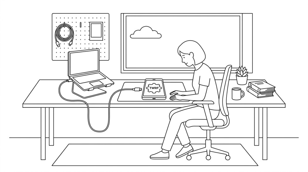 Black-and-white line illustration: a minimal Notion-style scene representing install twrp recovery on android: the working path.