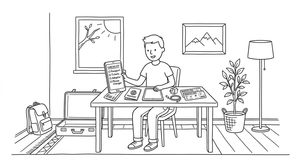 Black-and-white line illustration: a minimal Notion-style scene representing international travel checklist for android users (apps, settings, paperwork).