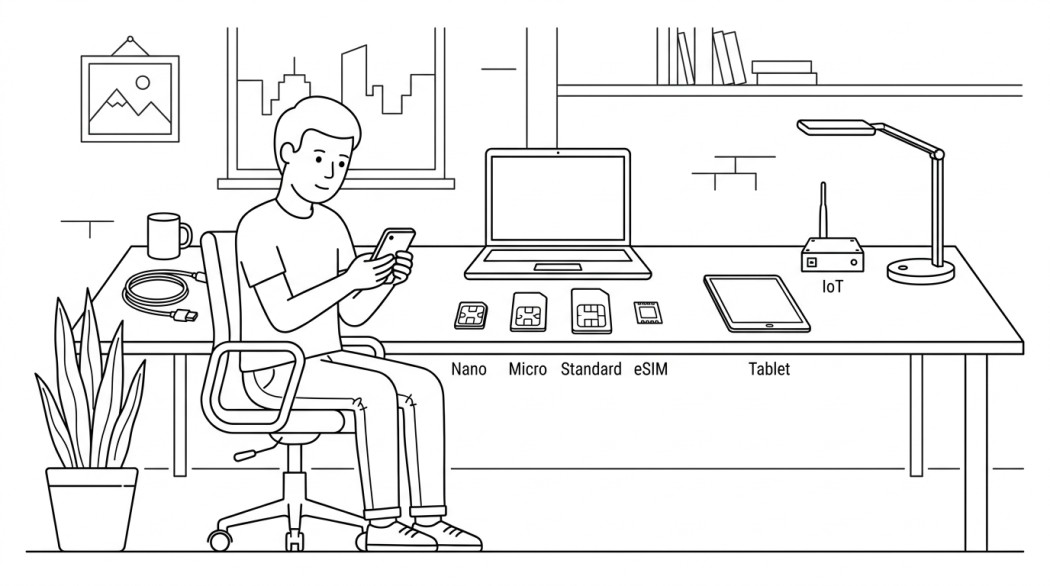 Black-and-white line illustration: a minimal Notion-style scene representing data sim vs. regular sim: the real differences (plus esim and iot sims).