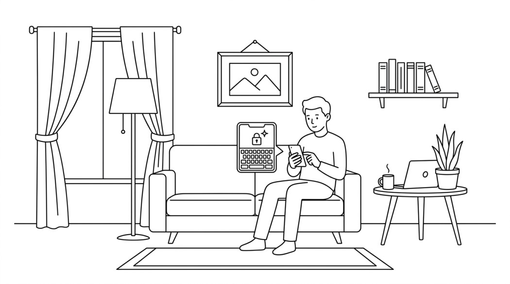 Black-and-white line illustration: a minimal Notion-style scene representing 10 best android keyboard apps (privacy-first, ai-assisted, and free).
