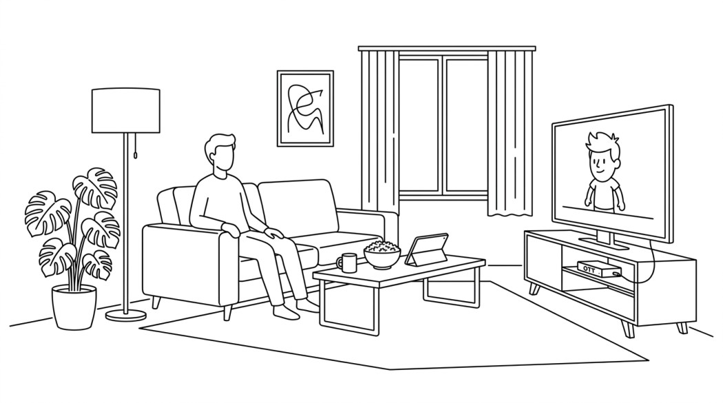 Black-and-white line illustration: a minimal Notion-style scene representing legal kisscartoon and watchcartoononline alternatives.