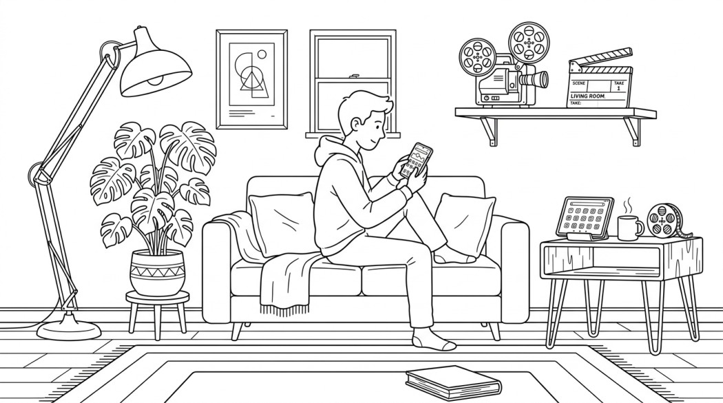 Black-and-white line illustration: a minimal Notion-style scene representing where to actually watch classic movies on android.