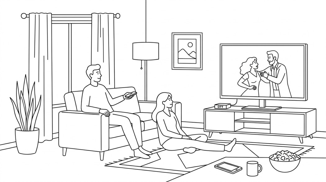 Black-and-white line illustration: a minimal Notion-style scene representing where to legitimately stream korean movies and k-dramas (free tiers included).