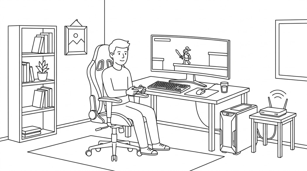 Black-and-white line illustration: a minimal Notion-style scene representing why lag still haunts modern gaming and what tech is finally fixing it.