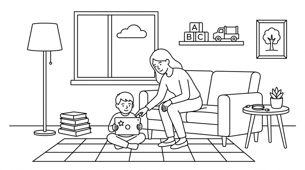 Black-and-white line illustration: a minimal Notion-style scene representing top 5 android learning apps for pre-k children.
