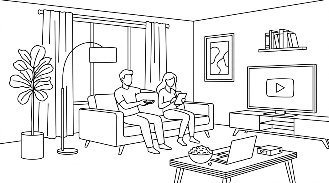 Black-and-white line illustration: a minimal Notion-style scene representing legal alternatives to letmewatchthis streaming.