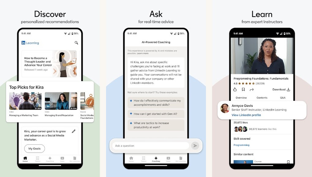 LinkedIn Learning screenshots on Android