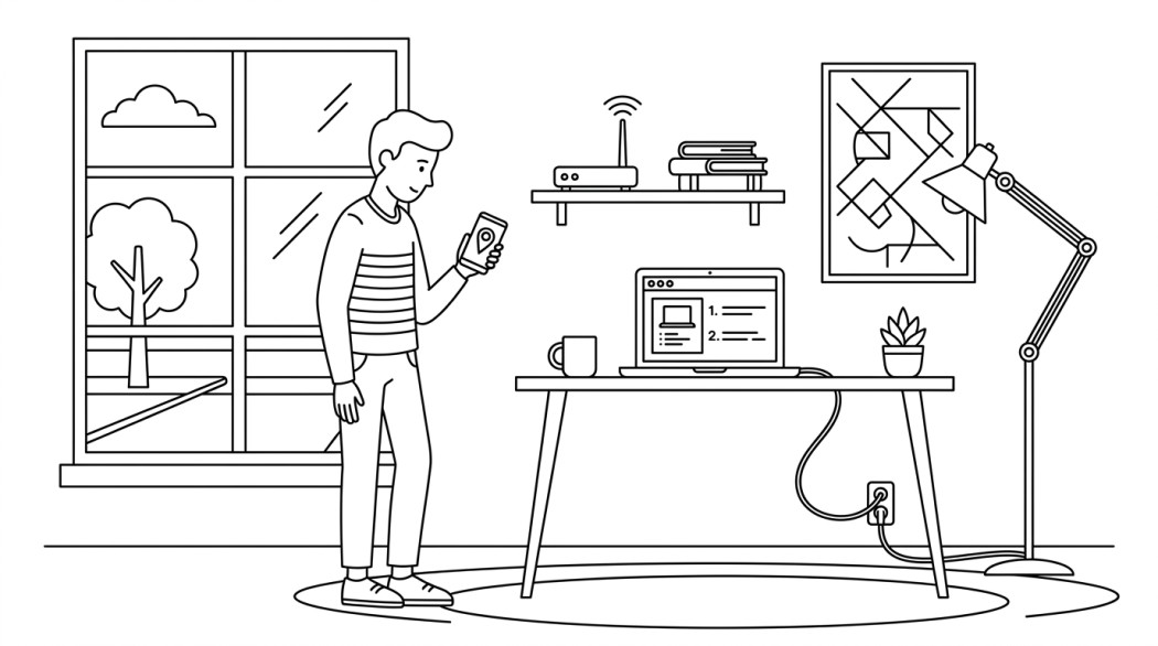 Line drawing of a man checking his phone beside a desk with a laptop, a router and a map on the wall