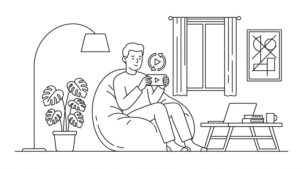 Line drawing of a man in a beanbag chair watching a video on his phone